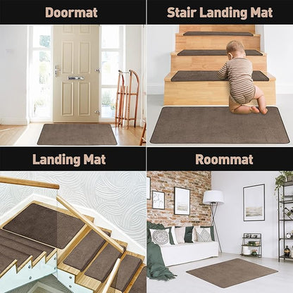 PURE ERA Carpet Stair Tread Landing Mat Area Rug Ultra Plush Shag Soft Non Slip Skid Resistant Tape Free Indoor Doormat Washable Reusable Brown 2' X 3'