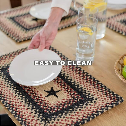 Homespice Primitive Star Gloucester Jute Braided Dinner Table Runner, Warm Primitive Decor, Set of 2, Black and Red Rectangle 8x28 - Rich Colors, Easy to Clean, Durable and Protects Furniture