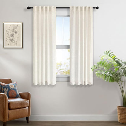 Natural Linen Curtains for Small Windows 38 Inch Wide 2 Panels Set Back Tab Pocket Short Skinny Narrow Mini Curtains for Bedroom Bathroom Basement Farmhouse Decor 38x45 Inch Length Ivory Cream Colored