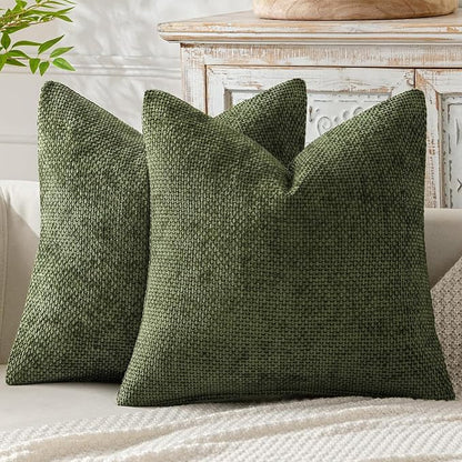 MIULEE Pack of 2 Couch Throw Pillow Covers 18x18 Inch Olive Green Modern Boho Accent Decorative Pillow Covers Soft Chenille Farmhouse Cushion Covers for Home Decor Bed Sofa Living Room