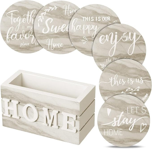 Queekay Coasters Set of 6 House Warming Gifts New Home Wooden Farmhouse Drink Coasters with Holder 4'' Funny Decoration for Kitchen Family Coffee Bar Tabletop Protection(Brown Marble)
