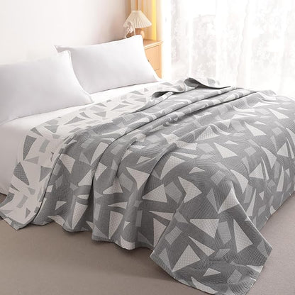 NTBAY 3 Layers Cotton Muslin 88x92 Queen Bed Blanket, Super Soft Breathable Thermal Yarn Dyed Quilt for Adults, Perfect Lightweight Blanket for Couch Sofa Bed All Seasons, Grey Triangle