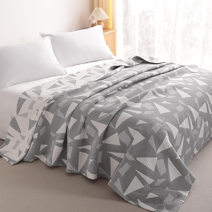 NTBAY 3 Layers Cotton Muslin 68x92 Twin Bed Blanket, Super Soft Breathable Thermal Yarn Dyed Quilt for Adults, Perfect Lightweight Blanket for Couch Sofa Bed All Seasons, Grey Triangle
