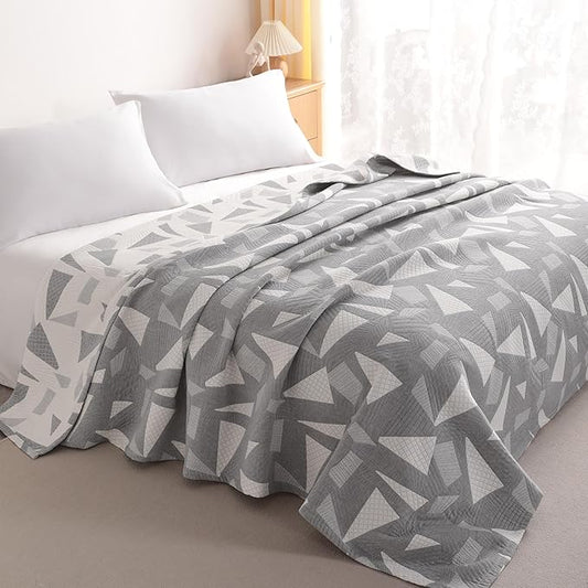 NTBAY 3 Layers Cotton Muslin 68x92 Twin Bed Blanket, Super Soft Breathable Thermal Yarn Dyed Quilt for Adults, Perfect Lightweight Blanket for Couch Sofa Bed All Seasons, Grey Triangle