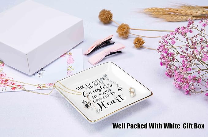 Side by Side or Miles Apart Cousins Are Always Connected by Heart – Ceramic Jewelry Holder Ring Dish Trinket Tray for Cousin – Birthday Christmas Graduation Wedding Gifts For Cousin,Women,Her