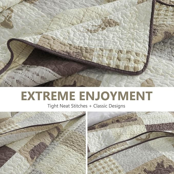 Quilts Queen Size, Quilt Bedding Set Bedspread, 100% Cotton Farmhouse Rustic for Bed, Reversible Lightweight Comforter Bed Spread with Wildlife Patterns, Cream/Brown/Gray, Queen(90/''x98/'')