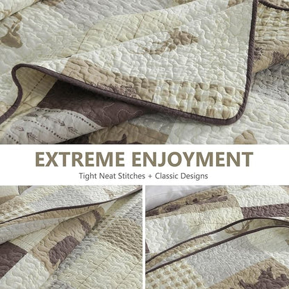 Quilts Queen Size, Quilt Bedding Set Bedspread, 100% Cotton Farmhouse Rustic for Bed, Reversible Lightweight Comforter Bed Spread with Wildlife Patterns, Cream/Brown/Gray, Queen(90/''x98/'')