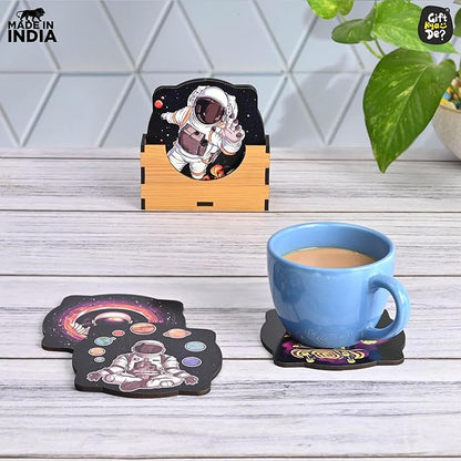 GKD Wooden Coasters for Drinks, MDF Coaster Set of 6 with Holder, Astronaut Theme, 3.5 inches Eco-Friendly Square Absorbent Coaster for Coffee Table, Bar, Drinking Glasses, Tabletop Protection