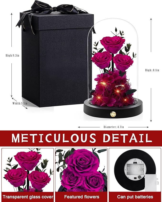 Valentines Day Flowers Roses Gifts for Her,Forever Real Preserved Roses in Glass Dome,Valentines Day Anniversary Birthday Gifts for Wife Girlfriend Women Mom Best Friend Her/Rose