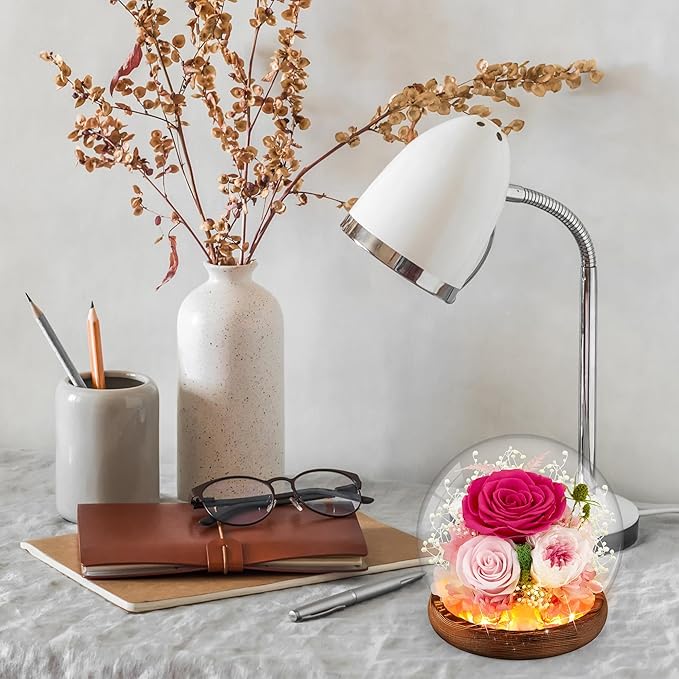 Pink Rose Birthday Gifts for Women Forever Flowers for Delivery Real Rose in Glass Dome with LED Strip, Preserved Flowers Gifts for Wife Girlfriend Mom on Wedding Anniversary