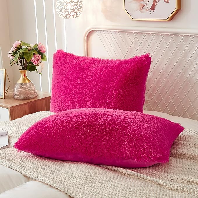 Uhamho Set of 2 Pillowcases Faux Fur Throw Pillow Covers King Size Shams Soft Velvet Decorative Zipper Closure (Hot Pink, 20"x36")