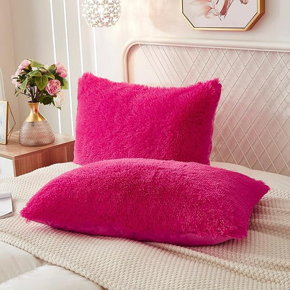 Uhamho Set of 2 Pillowcases Faux Fur Throw Pillow Covers King Size Shams Soft Velvet Decorative Zipper Closure (Hot Pink, 20"x36")