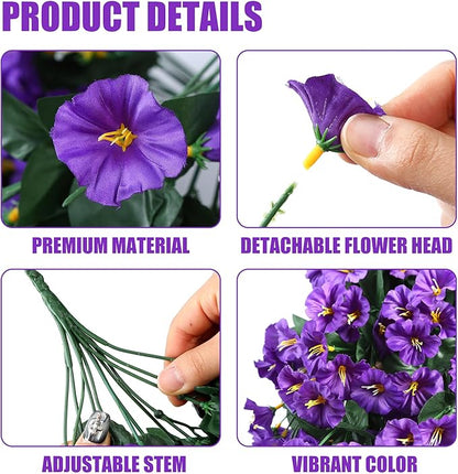 Sggvecsy Artificial Fake Hanging Flowers Plants for Outdoor Outside Spring Summer Decoration 2PCS Faux Silk UV Resistant Realistic Morning Glory Trailing Vines for Home Porch Patio Balcony(Purple)