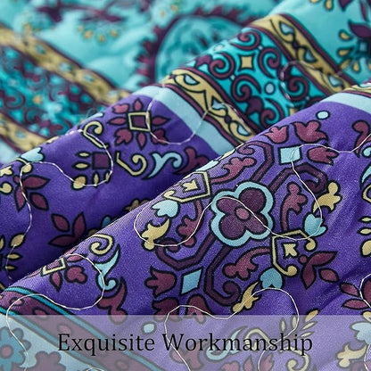 WONGS BEDDING Boho Quilt Full Size, Purple Blue Bohemian Lightweight Microfiber Bed Decor Bedspread for All Season 90"x78"(3 Pieces)