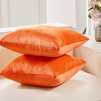 Deconovo Decorative Velvet Throw Pillow Covers for Sofa Couch 20x20 in, Fall Soft Square Cushion Cases for Living Room Decor Bedroom, Set of 2, Orange