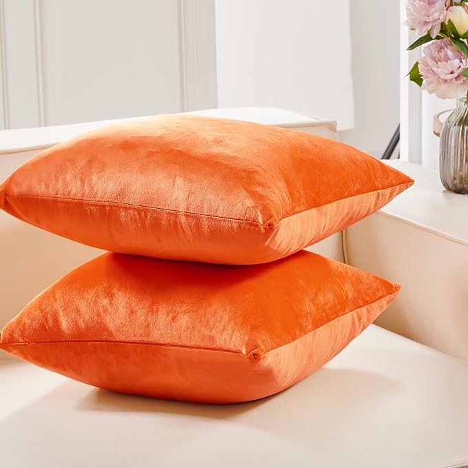 Deconovo Decorative Throw Pillow Covers 18x18 Inch for Sofa Couch, Fall Velvet Cushion Cases for Living Room Bedroom Car, Set of 2, Orange