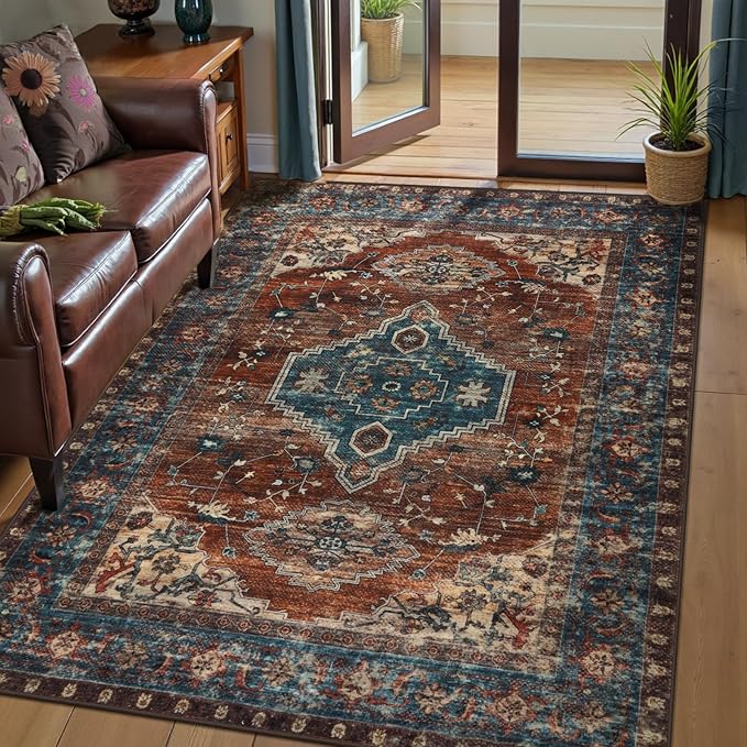 Tangsoo Washable Rug 4x6 Area Rug, Oriental Rug Indoor for Living Room, Non Slip Machine Washable Large Rugs, Soft Print Distressed Carpet for Bedroom Dining Room Dorm Office