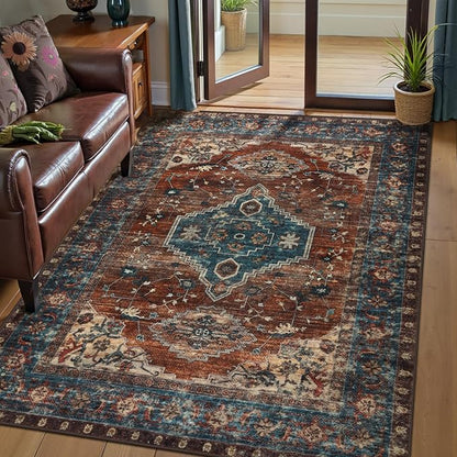 Tangsoo Washable Rug 4x6 Area Rug, Oriental Rug Indoor for Living Room, Non Slip Machine Washable Large Rugs, Soft Print Distressed Carpet for Bedroom Dining Room Dorm Office