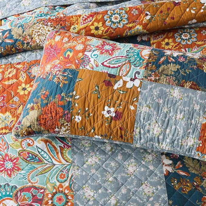 Cotton Bedspread Quilt Sets Reversible Bedding Coverlet Sets 3 Pieces Paisley Vintage Floral Yellow Blue Patchwork Bedspread, Queen Size