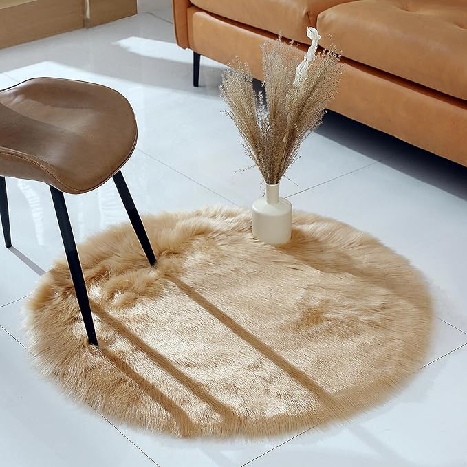 Faux Fur Rug Sheepskin Shag Fluffy Fuzzy Beige 3x3 ft Rugs for Bedroom Bedside Bed Floor Living Room Plush Round High-Density Cushion Carpet Super Sofa Cover