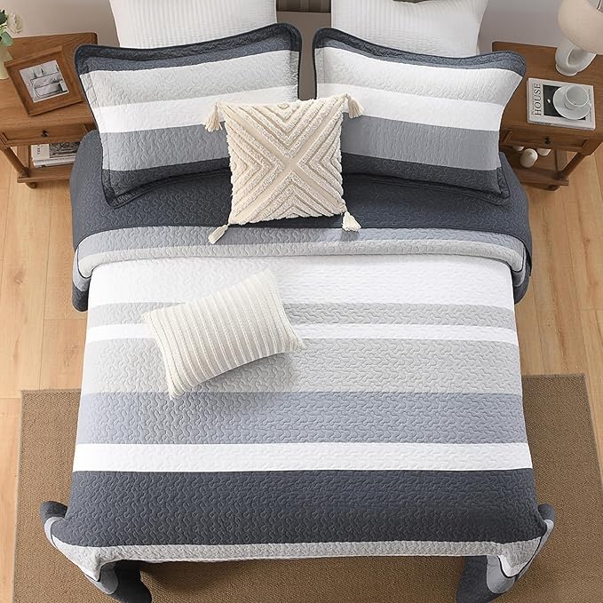 SahSahCasa 128"x120" 100% Cotton Oversized California King Bedspread Coverlet Striped Quilt Set, Cal King Quilted Bedspread Extra Large Quilt, XL Bed Spread Lightweight Comforter, Dark Slate Gray