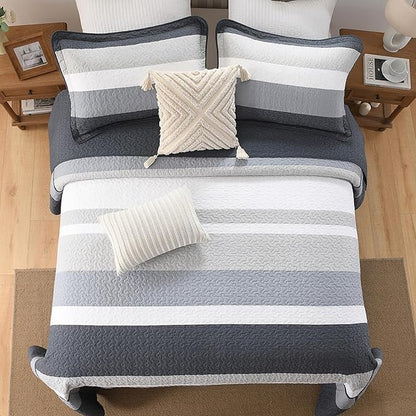 SahSahCasa 128"x120" 100% Cotton Oversized California King Bedspread Coverlet Striped Quilt Set, Cal King Quilted Bedspread Extra Large Quilt, XL Bed Spread Lightweight Comforter, Dark Slate Gray