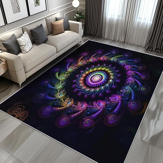 Psychedelic Swirl Rug 8x12, Washable Trippy Spiral Rugs for Living Room Bedroom, Multicolor Fractal Art Area Rug for Home Decor, Non Slip Backing Floor Carpet with Gripper - 8 x 12 ft