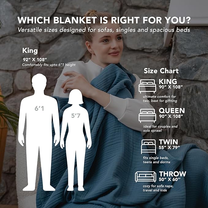 Goqan Muslin Blanket King Size 90x108 – 100% Turkish Cotton 4 Layer Boho Muslin Blanket for Adults, Four Season, Lightweight and Thin, Soft, Breathable for Bed, Couch - Teal