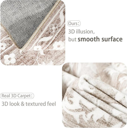 6x9 Area Rugs for Living Room, Stain Resistant Washable Rugs for Dining Room, Kitchen, Floral Vintage Non-Slip Thin Area Rug(Light Brown, 6'x9')