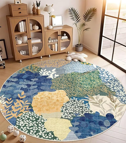 DEXDE Round Rug 6ft Washable Circle Area Rugs Non Slip Low Pile Boho Floral Large Circular Carpet for Bedroom Bathroom Entryway Kids Room Office Dining Room,Blue