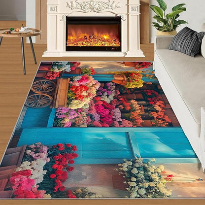 Pastoral Flowers 5x8 Area Rug Colorful Flower Shop Washable Rugs for Living Room Bedroom, Retro Wooden Door Soft Low Pile Non Slip Accent Floor Mat Print Throw Rug Indoor Carpet Dining Room Playroom