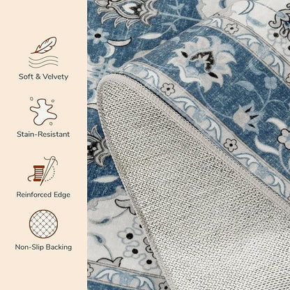 Lessymo Moroccan Washable Rugs for Entryway, Faux Wool 2x3 Small Area Rug for Kitchen Bathroom Corridor - Non-Slip Indoor Door Mat Low Plie Stain Resistant Boho Runner Rug, Muted Blue and Gray