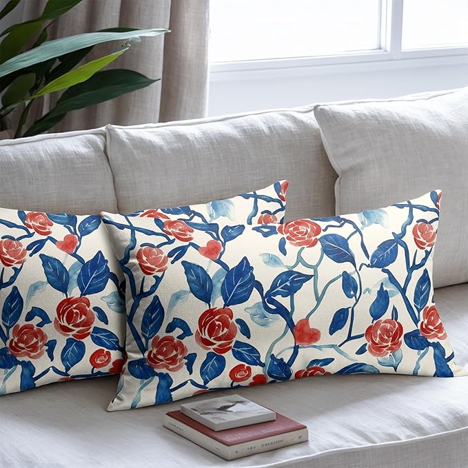 Valentines Day Pillow Covers 12x20 Set of 2 Blue Red Floral Throw Pillow Covers Flower Pillowcase Linen Decoration Farmhouse Holiday Cozy Soft Cushion Case Couch for Indoor Outdoor Home Decor