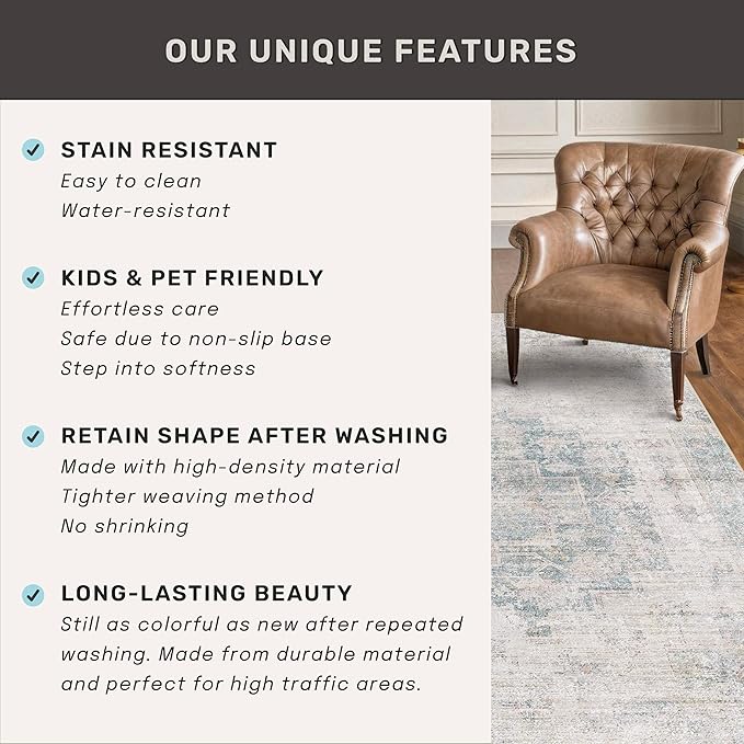 Low Pile Office Rugs for Rolling Chairs - 5x7 Abstract Rugs for Living Room, Large Entryway, Cream Slate Blue Decor, Non Slip with Rubber Backed & Stain Resistant