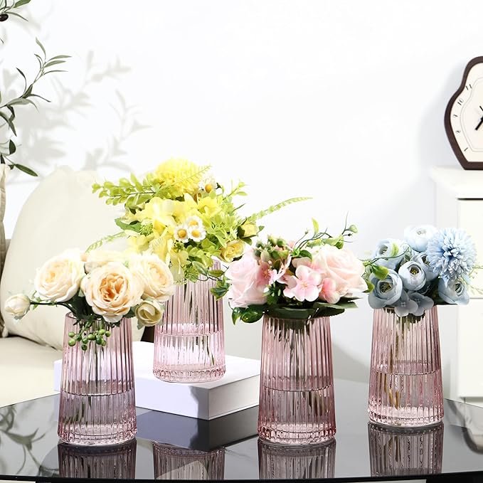 Pink Glass Vases Set of 4, Small Vases for Flowers, Flower Vase for Bouquet, Modern Ribbed Glass Vase for Living Room, Bedroom, Dining Table, Office, Wedding, Centerpieces