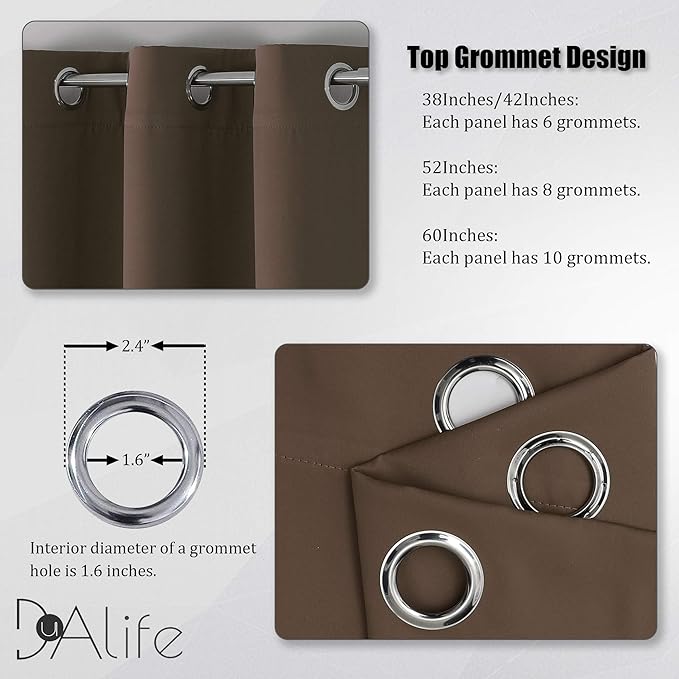DUALIFE Brown Blackout Curtains Panels for Bedroom 63 Inches Long Coffee Color Curtains with Grommet Thermal Insulated Room Darkening Solid Widow Drapes for Living Room 52x63 Inch Set of 2 Panels