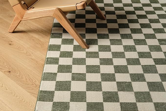 Revival Rugs Gambit 5'3"x8' Checkered Rug Washable Area Rug for Living Room Bedroom - 100% Recycled Oeko-TEX Certified, Medium Pile, Green, Beige