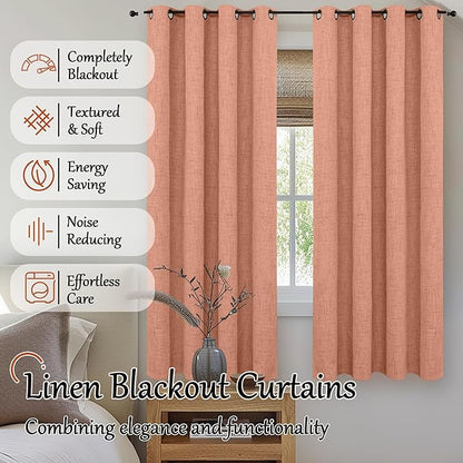 Lajode Terracotta 100% Linen Blackout Curtains for Living Room 63 Inch Long 2 Panels, Thermal Insulated Noise Reducing Window Total Black Out Fall Curtains for Bedroom, Each 52x63 Inch 2 Panels