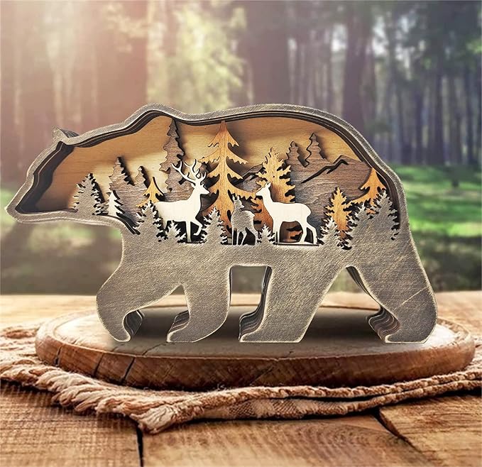 Wooden Bear Art Decor Brown Bear Figurine Rustic Home Shelf Desktop Creative Decorations Multi-Layer Silhouette Crafts