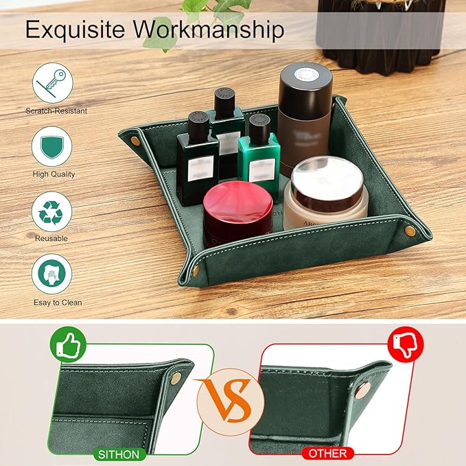 SITHON Valet Tray Desktop Storage Organizer – Premium PU Leather Catchall Bedside Vanity Tray Nightstand Caddy Holder for Remote Controller, Keys, Phone, Wallet, Coin, Jewelry, Dark Green