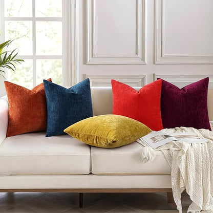 decorUhome Chenille Burgundy Spring Throw Pillow Covers 16x16 Inch Set of 2, Decorative Soft Couch Pillow Covers Solid Dyed Accent Farmhouse Neutral Square Pillow Cases for Sofa