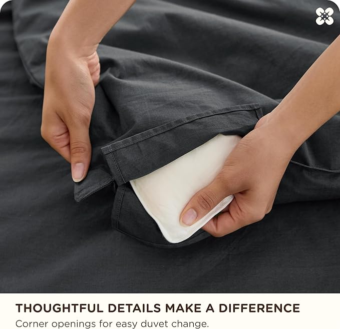 Bedsure Cotton Duvet Cover Queen - Luxury Slub Weave 100% Cotton Duvet Cover with a Linen Like Textured, Easy Change Durable Bedding, Charcoal, 90" x 90"