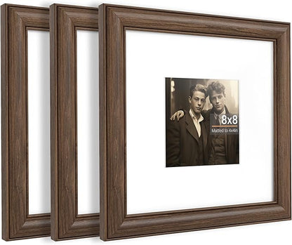Heimlove 8x8 Picture Frame,8 x 8 Natural Solid Walnut Wood Square Frame with Tempered Glass,8"x8" Handcrafted Wood Frame Matted to 4x4 Photos for Wall or Tabletop Art Photo and Prints,3 Pack