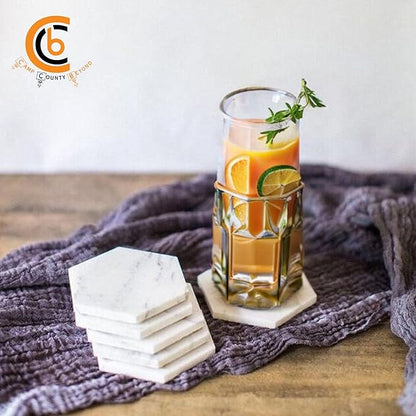 Coasters for Drinks - Set of 6 Modern Coasters - 4" Wide Drink Coasters - Made from Real Solid Marble White Marble Coasters Hexagon Shape