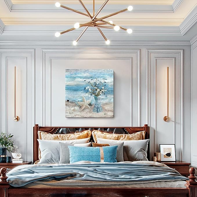 Beach Wall Art for Living Room Blue Ocean Theme Canvas Print Modern Abstract Coastal Picture Seascape Painting Daisy Flower in Indian Vase Framed Artwork for Seaside Bedroom Bathroom Office 24x24inch