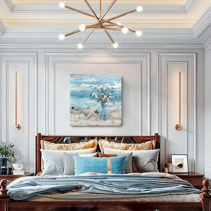 Beach Wall Art for Living Room Blue Ocean Theme Canvas Print Modern Abstract Coastal Picture Seascape Painting Daisy Flower in Indian Vase Framed Artwork for Seaside Bedroom Bathroom Office 24x24inch
