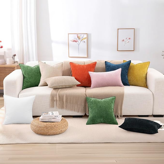 decorUhome Spring Couch Throw Pillow Covers 16x16 Set of 2, Decorative Soft Velvet Neutral Chenille Pillow Covers with Elegant Design for Sofa Bed Living Room Home Decor, Beige