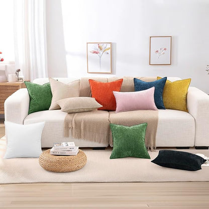 decorUhome Spring Couch Throw Pillow Covers 16x16 Set of 2, Decorative Soft Velvet Neutral Chenille Pillow Covers with Elegant Design for Sofa Bed Living Room Home Decor, Beige