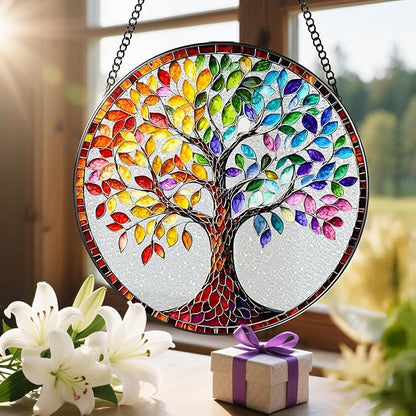 8'' Tree of Life Sun Catcher Ornament, Stained Glass Window Hanging, Suncatchers for Windows Hanging Ornaments, Window Decor | Housewarming Gift, Gifts for Mom & Grandma