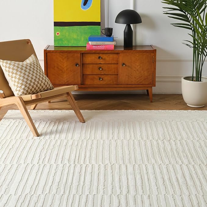 Revival Rugs Soloba 7'10"x10' Washable Area Rug for Living Room Bedroom - 100% Recycled Oeko-TEX Certified, Medium Pile, Beige, Cream